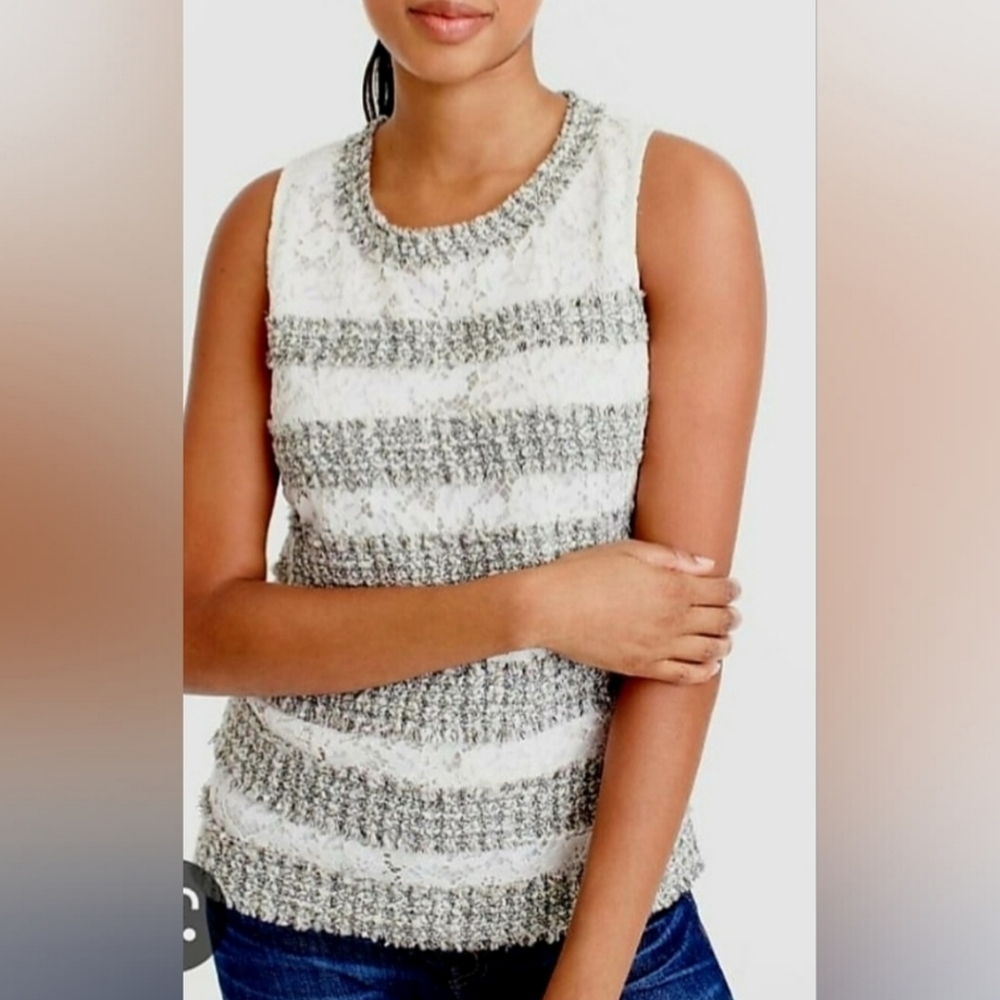 J.Crew Women's Tank Top Tweed+Lace Fringe Ivory Metallic Gray Small